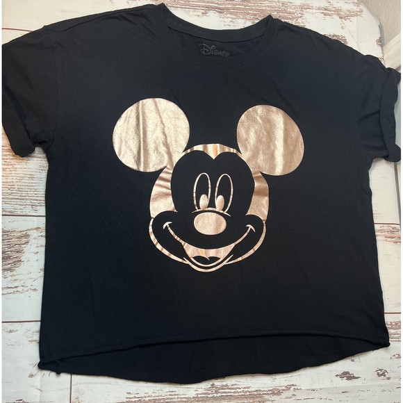Disney’s Rose Gold Mickey Head On Black Hi Low Shirt EUC - Picture 1 of 5